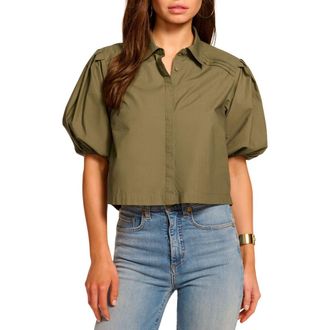 Ramy Brook Valeria Puff Sleeve Cotton Button-Up Shirt in Olive Green at Nordstrom Rack, Size Large