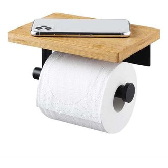 OEM Soporte Adhesivo Para Papel Higi&eacute;nico Crezuo Con Estante De Bamb&uacute;, No Requiere Perforaci&oacute;n, Soporte De Rollo De Acero Inoxidable 304 - Sin Necesidad D