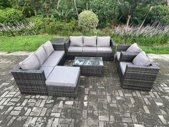 Fimous 9 Seater Outdoor Lounge Sofa Set Wicker PE Rattan Garden Furniture Set with 2 Armchair Oblong Coffee Table Side Table Big Footstool