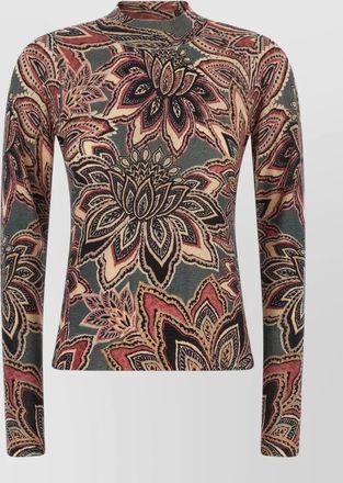 Farm Rio wool fine-knit floral-print mock-neck long-sleeve top