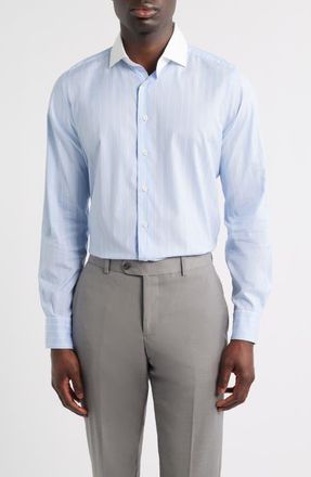 Emanuel Berg Modern Fit Stripe Natural Stretch Yoga Twill Dress Shirt in Light Pastel Blue at Nordstrom, Size 43