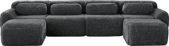 STILVORA Sof&aacute; Modular 4 Plazas En Tela Aterciopelada Con 2 Taburetes, Base Antideslizante, Asiento Amplio Y 4 Cojines, Gris