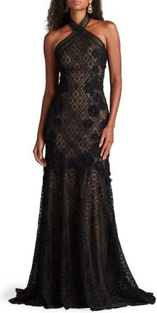 Tadashi Shoji Embroidered Sequin Lace Halter Neck Gown in Black/Beige at Nordstrom, Size 14