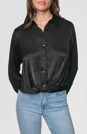 DKNY Twist Front Crinkle Satin Shirt in Black at Nordstrom, Size X-Small