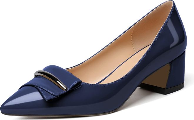 Navy blue block heel pumps on sale