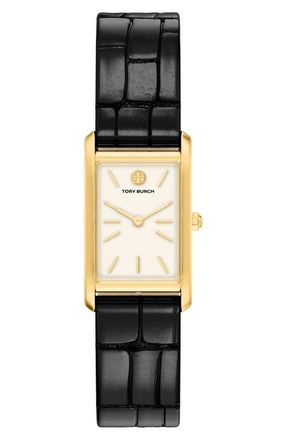 Tory Burch The Eleanor Slim Tank Leather Strap Watch, 20mm x 34mm in Black at Nordstrom