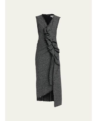 Michael Kors Sleeveless Frayed Tweed Asymmetric Ruffle Midi Dress