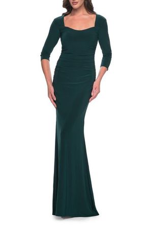 La Femme Long Jersey Evening Dress with Square Neckline and Sleeves in Hunter Green at Nordstrom, Size 20