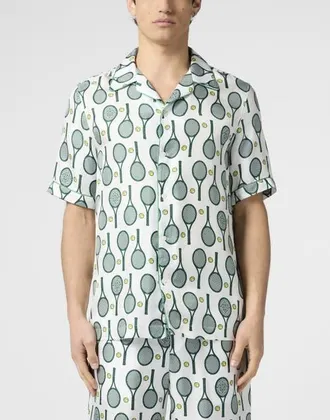 Philipp Plein Silk Bowling Shirt Tennis Men in White at Nordstrom, Size Xxx-Large