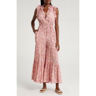 Poupette St Barth Belene Floral Tiered Ruffle Cover-Up Jumpsuit in Pink Jardin at Nordstrom Rack, Size Small