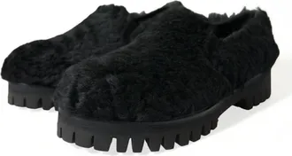 Dolce & Gabbana Mens Black Fur Leather Slippers Dress Shoes Lamb