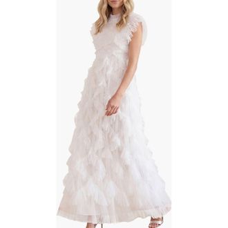 Needle & Thread Genevieve Ruffle Short Sleeve Maxi Gown in Swan White at Nordstrom, Size 20