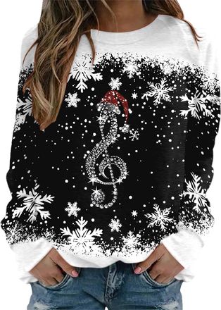 Generic Womens Christmas Sweatshirt Treble Clef And Snowflake Print Crewneck Long Sleeve Pullover Casual Winter Tops Soft Comfy Loose Fit Holiday Jumper Festi