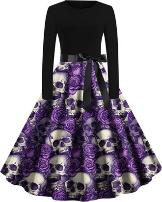 Generic Halloween Costumes Adult Women, Ladies Halloween Dress Retro Pumpkin Skeleton Print Long Sleeve A Line Swing Dress Black Vintage Skull Witch Rockabill