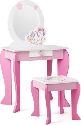 Costway Costway - Tocador Con Taburete Y Espejo Para Ni&ntilde;a Mesa De Maquillaje Con Caj&oacute;n Tocador Princesa De Madera Para Ni&ntilde;as De 3-7 A&ntilde;os