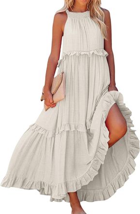 Generic Womens Summer Maxi Dresses Elegant Loose Sleeveless Vacation Dress Flowy Ruffle Boho Beach Party Long Dresses