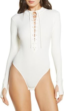 Kiki De Montparnasse Long Sleeve Jersey Thong Bodysuit in Ivory at Nordstrom, Size Medium