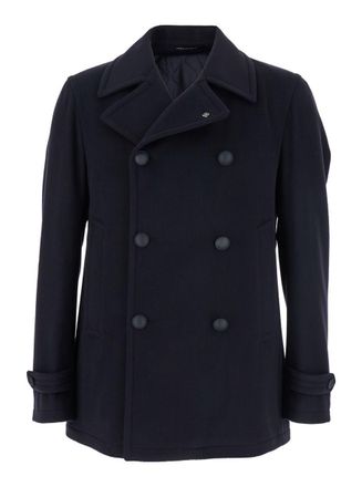 Tagliatore Blue Double-Breasted Coat With Wide Notched Revers In Wool Blend Man