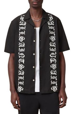 AllSaints Scripture Embroidered Short Sleeve Cotton Button-Up Shirt in Faded Black at Nordstrom Rack, Size Medium