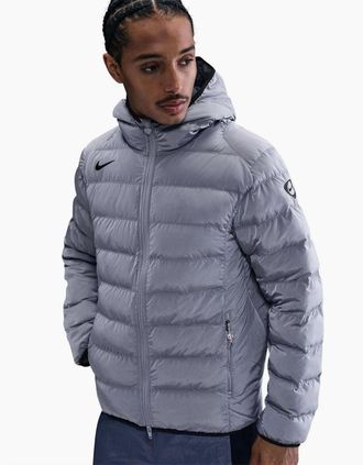 Nike Mens Solid Patterned Zipped Pocket Hooded Woven Cuff Puffer Jacket - Grey - Size: 38/Regular