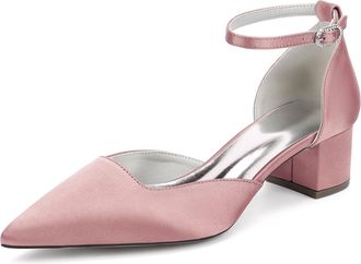 Generic Womens Block Heels Satin Bridal Wedding Shoes Pointed Toe Ankle Strap Court Prom Party Low Heels Shoes 4.5Cm,Flesh Pink,10 UK
