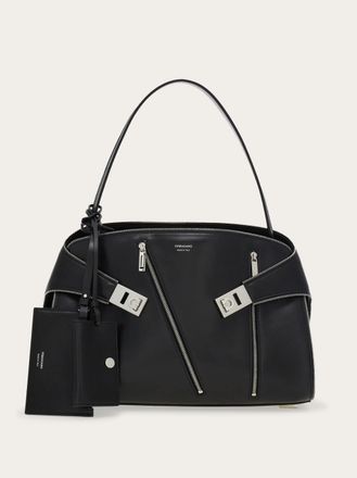 Ferragamo Women Hug soft shoulder bag multi-zip (M) Black