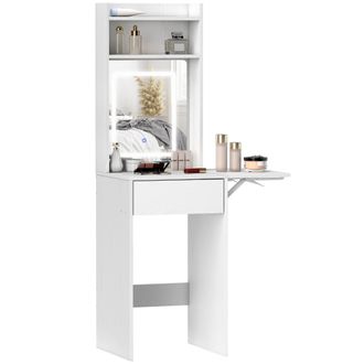 HOMCOM Compact Dressing Table with Lighted Mirror Open Shelves Drawer White | TJ Hughes