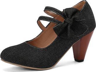 Generic Women Denim Double Strap Pumps Round Toe Pointed Heel Bow Decor Cutout Ankle Strap Non Slip Durable Comfortable Dress Party Shoes,Black,10.5 UK