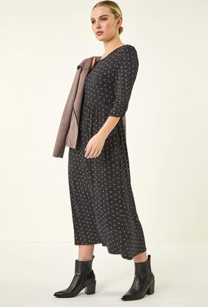Roman Spot Pocket Stretch Ruched Midi Dress