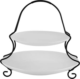 Gibson Home Splendid Grace 2 Tiered Serving Set with Metal Rack in White