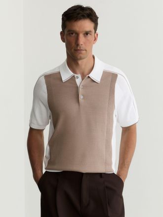 Reiss Camel & white Colour-block Knitted Polo Shirt, Xxl
