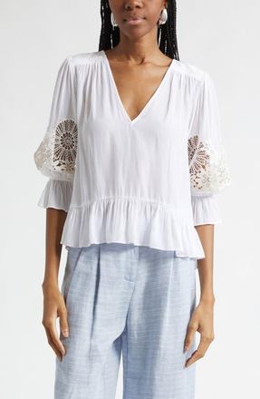 Ramy Brook Berry Lace Inset Puff Sleeve Peplum Top in Ivory at Nordstrom, Size Xx-Small