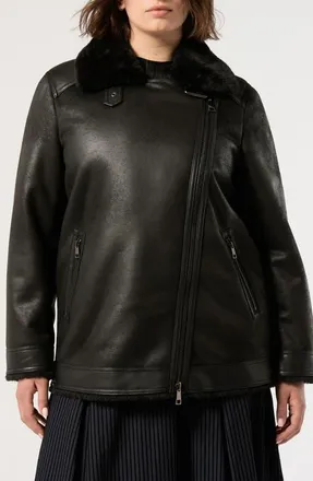 Marina Rinaldi Faux Fur Trim Faux Leather Moto Jacket in Black at Nordstrom, Size 16W