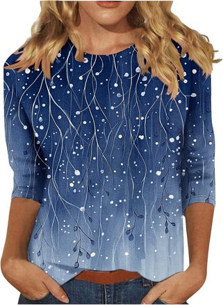 Generic t Shirts for Women UK Boho Tops for Women UK Loose Fit 3/4 Sleeve Crewneck Shirts Vintage Print Blouse Slim Fit Beach Vacation Dark Blue Ladies Tops S