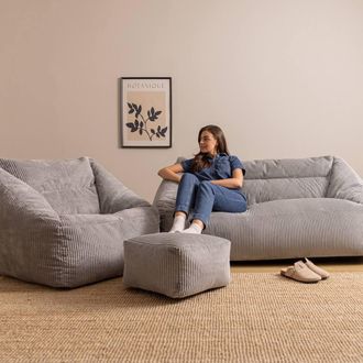 Icon Brand Bean Bag Sofa & Footstool Bundle, Jumbo Corduroy in Light Grey | Size: Medium