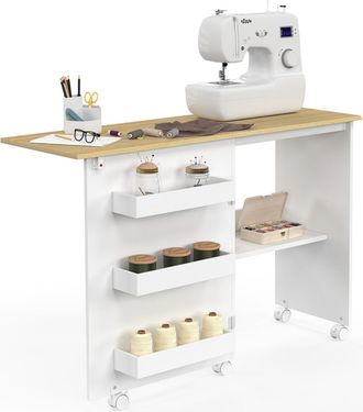 IDMarket Tavolo Da Cucito Pieghevole Su Rotelle Armadio Per Macchine Da Cucire Con 4 Ripiani