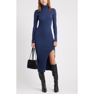 Open Edit Rib Long Sleeve Turtleneck Sweater Dress in Navy Iris at Nordstrom Rack, Size X-Large