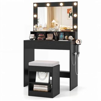 Costway Costway Makeup Vanity Desk Set w/Mirror &Lights Dressing Table w/Stool &Drawer in Black