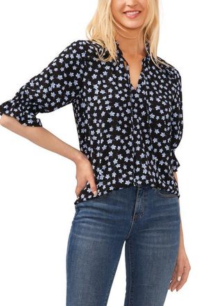CeCe by Cynthia Steffe Floral Split Neck Blouse in Rich Black at Nordstrom, Size Xx-Small