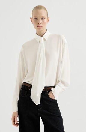 Brunello Cucinelli Silk cr&ecirc;pe de Chine shirt with tie and shiny collar in White at Nordstrom, Size Xxx-Large