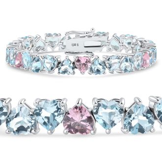 Pompeii3 34.43Ct Heart Shape Pink & Blue Topaz Tennis Bracelet 14k White Gold 23.51grams