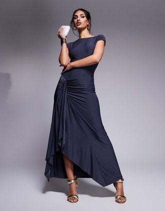 KAIIA exclusive double layered slinky cap sleeve side split drape detail maxi dress in charcoal-Gray