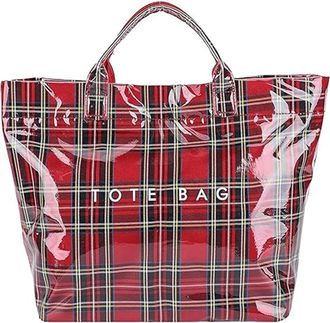 Generic Christmas Red Plaid PVC Tote Bag for Women - Large Vintage Letter Print Plastic Handbag with Top Handle, Spacious Shopping Work Gift (Red-A)