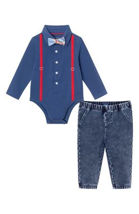 Andy & Evan Button-Up Bodysuit, Pants & Bow Tie Set in Navy Denim at Nordstrom, Size 18-24M