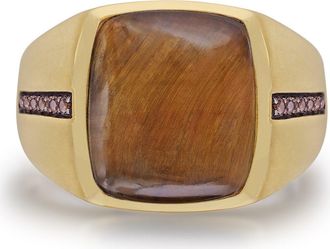 LuvMyJewelry Chatoyant Yellow Tiger Eye Silver Diamond Men Signet Ring