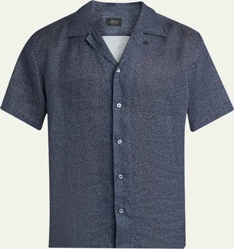 Brioni Mens Linen Pines-Print Camp Shirt