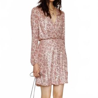 Heartloom Long Sleeve Surplice Sequin Mini Dress In Champagne