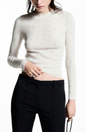 Mango Rhinestone Detail Rib Sweater in Ecru at Nordstrom, Size Large