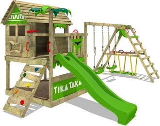 Fatmoose Parque Infantil De Madera Tikataka Con Columpio Surfswing Y Tobog&aacute;n Casa Sobre Pilares De Exterior Con Arenero Y Escalera Para Ni&ntilde;os - Verde Manzana -