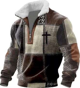 Generic Christian Sweatshirts Quarter Zip Pullover Men Fleece Stand Collar Mens Jumpers Christ Crosses Printed Long Sleeve Sweatshirt Block Color Winter Warm 